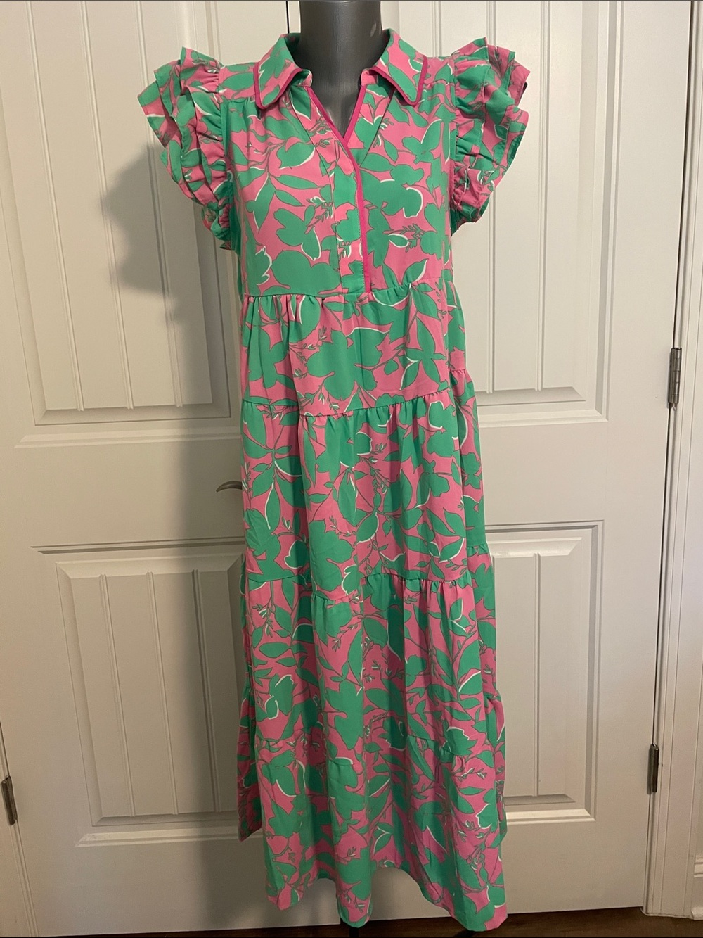 Umgee Pink & Green Floral Ruffle-Sleeve Tiered Dress